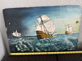 Tall Ship Painting On Slate Signed And Dated 1976
