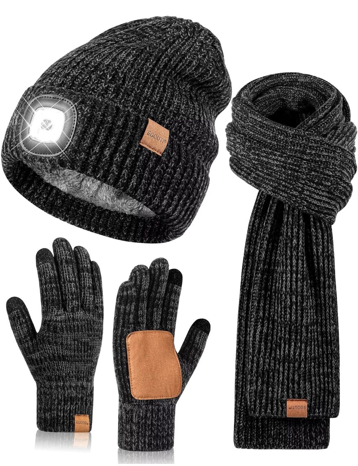 🆕 In 📦 LEDBeanie Gloves Scarf Set,Winter Hat with Light Built in Headlamp Caps Long Scarf Touchscreen Gloves,3️⃣in1️⃣Warm GiftSet