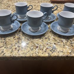  vintage Denby Langley Castile Blue footed coffee cup and saucer set of 6