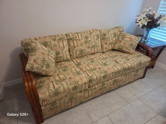 Tommy Bahama Tropical Palm Print Sofa with Wood Arms