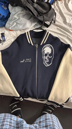 Alexander McQueen Graffiti Skull Wool Varsity Bomber Jacket - Navy/Cream - XL