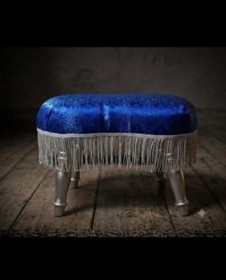 Vintage Hollywood Regency Footstool – Royal Blue Brocade & Silver Fringe