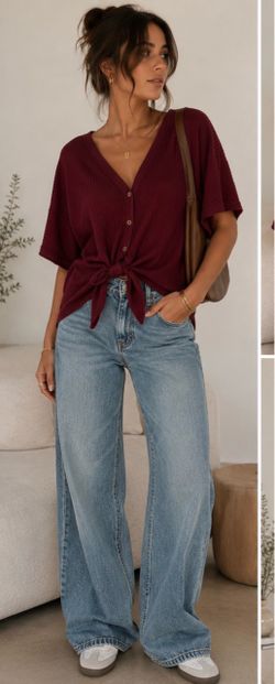 Burgundy ribbed knit button-up baggy blouse with tie detail  size M.