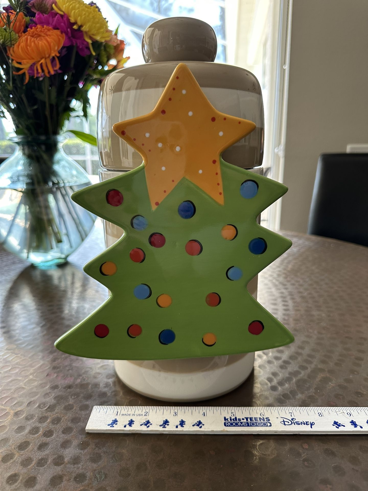 Coton Colors Happy Everything Neutral Stripe Cookie Jar/Canister w/Christmas Tree Attachment