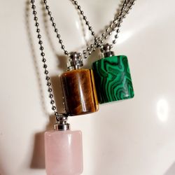 Rose Quartz,  Malachite Or TIGER Eye Perfume Bottle Charm On Stainless Steel Ball Chain.  U Can Put Perfume, Aroma Oil Or Crematory Ashes 