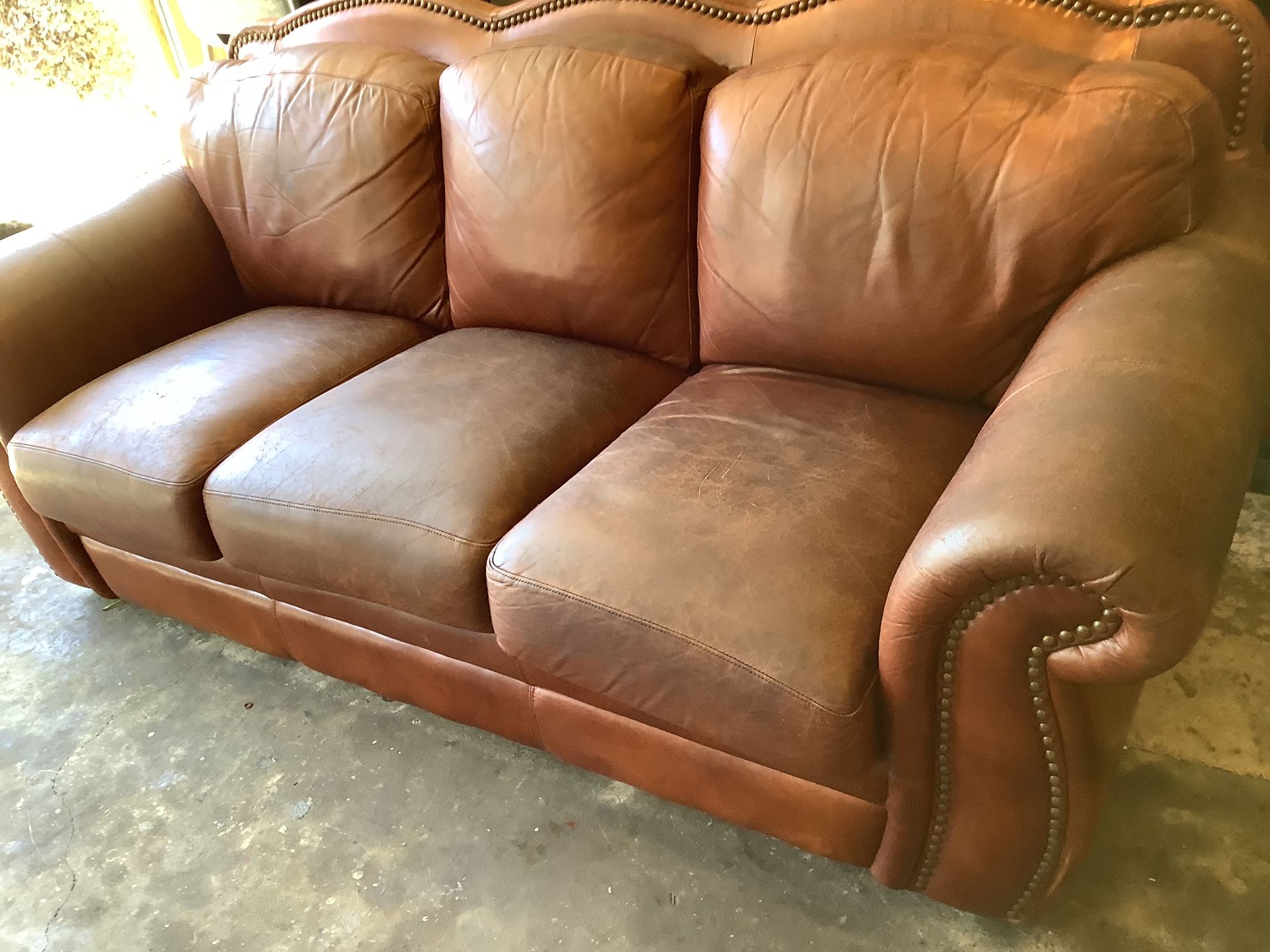 Leather Sofa From Jordan’s Furniture With Copper Nailhead Trim.