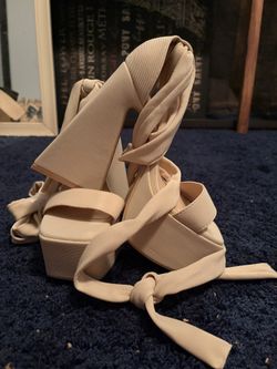Cream Colored Chunky Heels Lace Up Bow Tie Shoes