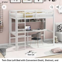 Loft Bed with Convenient Desk Shelves and Ladder Twin Size in White