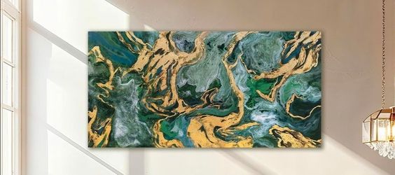 Large Emerald Green & Gold Abstract Canvas Wall Art – Modern Luxury Decor