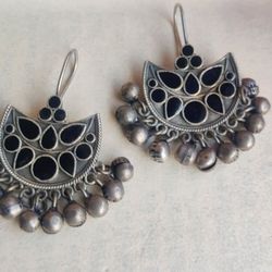 Black Silver Brass Dange Earrings With Sound