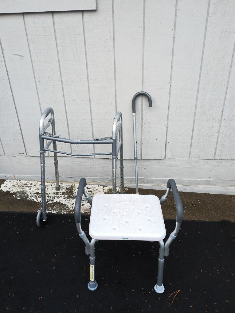 Bath Bench Plus Walking Cane Plus Folding Walker With 5 Inches Wheels $60