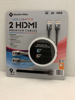 Member's Mark LED Lighted Ultra HD 4K HDMI Cables Twin Pack 9 FT Cables! NEW IN BOX!!!  