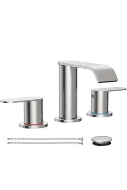 Brushed Nickel Waterfall Bathroom Faucet for Sink 3 Hole Widespread Bathroom Sink Faucets with Pop-up Drain and Supply Lines Stainless Steel 2-Handle 
