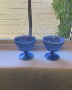 Vintage LIGHT BLUE MILK GLASS “Two Footed Sundae Dishes - Sandwich Pattern”