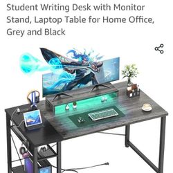 Besiost 47 Gaming Desk W/Built-in Outlets&lighting, Grey/Black
