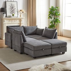 113.5'' Modular Sectiona Corduroy Sofa, Sectional Couches for Living Room U Shaped Sectional Couch with Storage Ottoman, 6 Seats Convertible Sectional