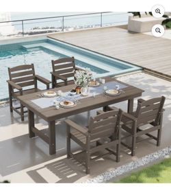SERWALL Patio Dining Set, 5-Piece Rectangular HDPE Dining Table with Umbrella Hole & 4 Chairs, Coffee brand new in box $399 T6