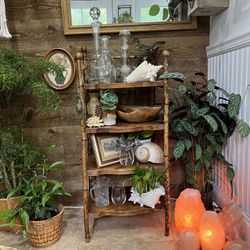 Vintage Tortoiseshell Burnt Bamboo 4 Tier Petite Bookshelf Etagere Scorched Plant Stand Book Case 