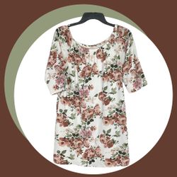 Tavia White w Rust, Pink, Beige, and Green Floral Print Long Top Women M