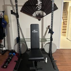 Gym rack, barbell, Weights, Adjustable Bench