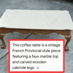 Vintage French Provincial Style Coffee Table With Faux Marble Top