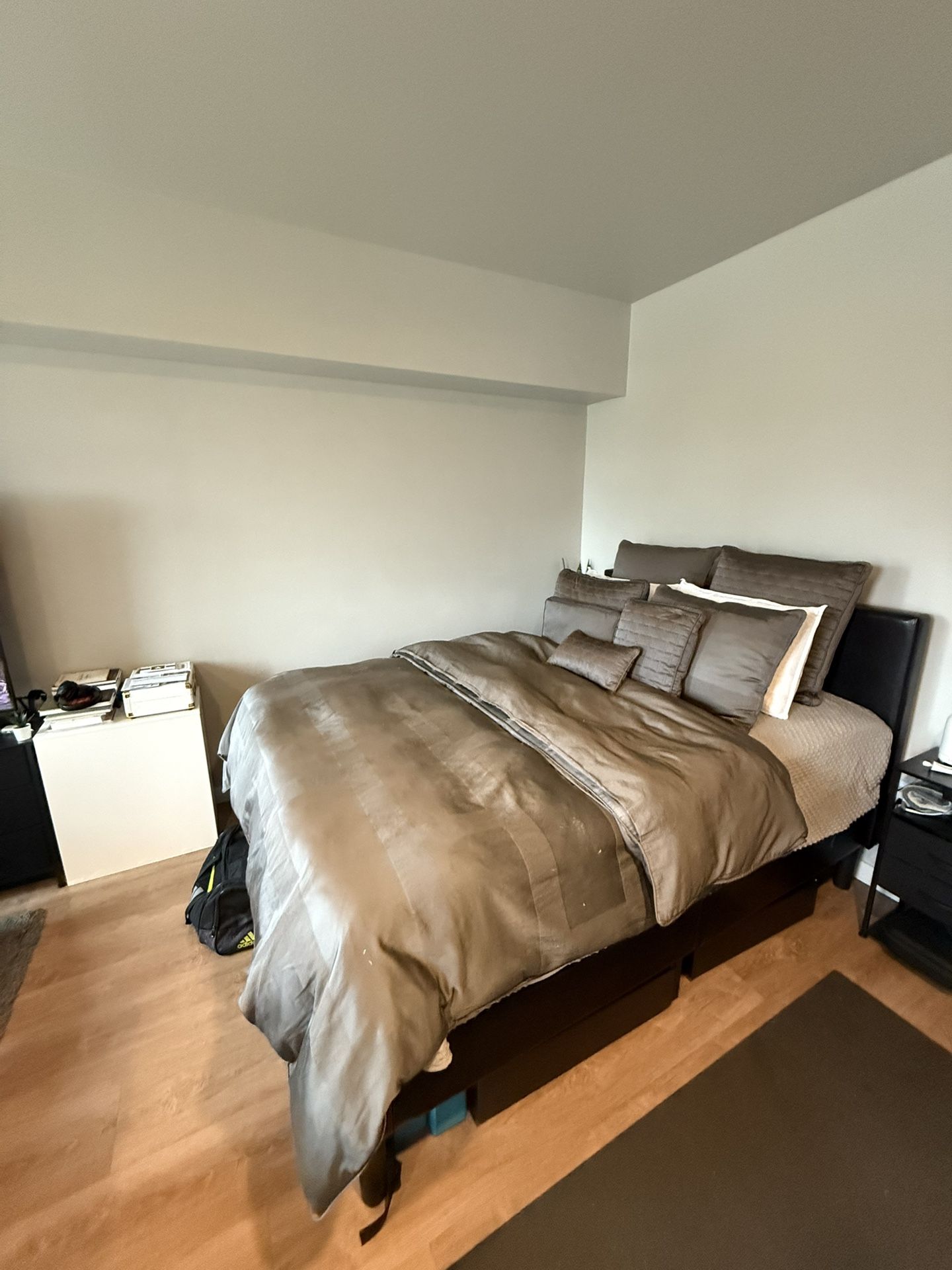 Queen Bed Frame with Faux Leather Headboard with Footboard and Mattress Set