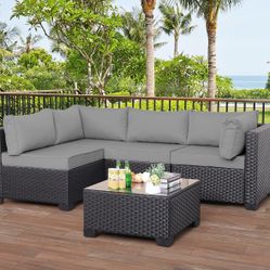 Outdoor Patio PE Wicker 5 Piece Furniture Set, Black Rattan Sectional Conversation Sofa Chair with Coffee Table