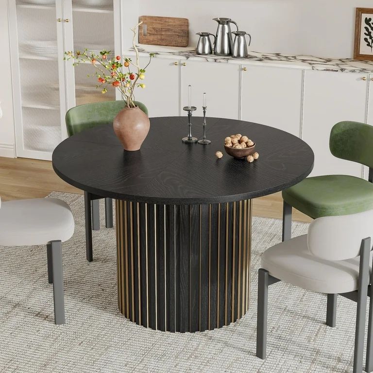 Modern Round Dining Table, 47 Inch Small Circle Kitchen Tables for 4-6, Wood Strip Base, Farmhouse Table for Kitchen, Dinning Room, Black