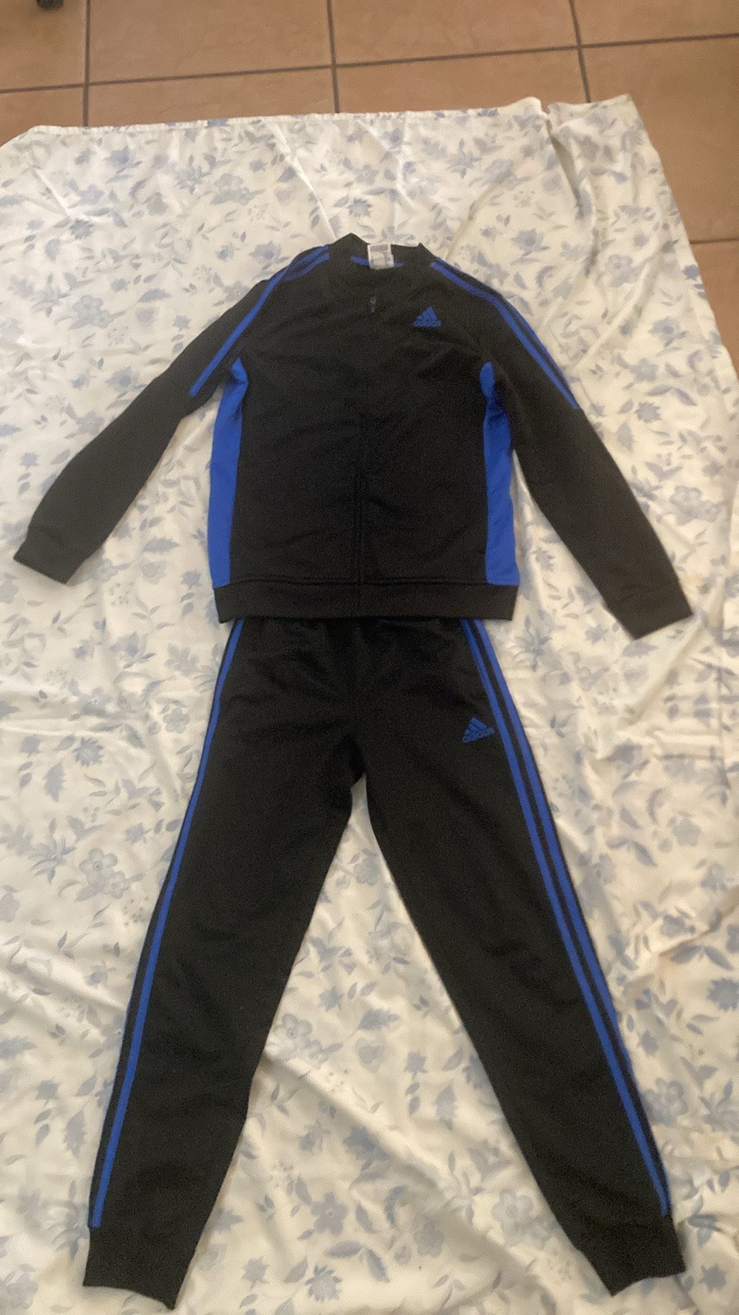 Youth - Full Black and Blue adidas track suit  Pants - size medium  Sweater zipper- size large