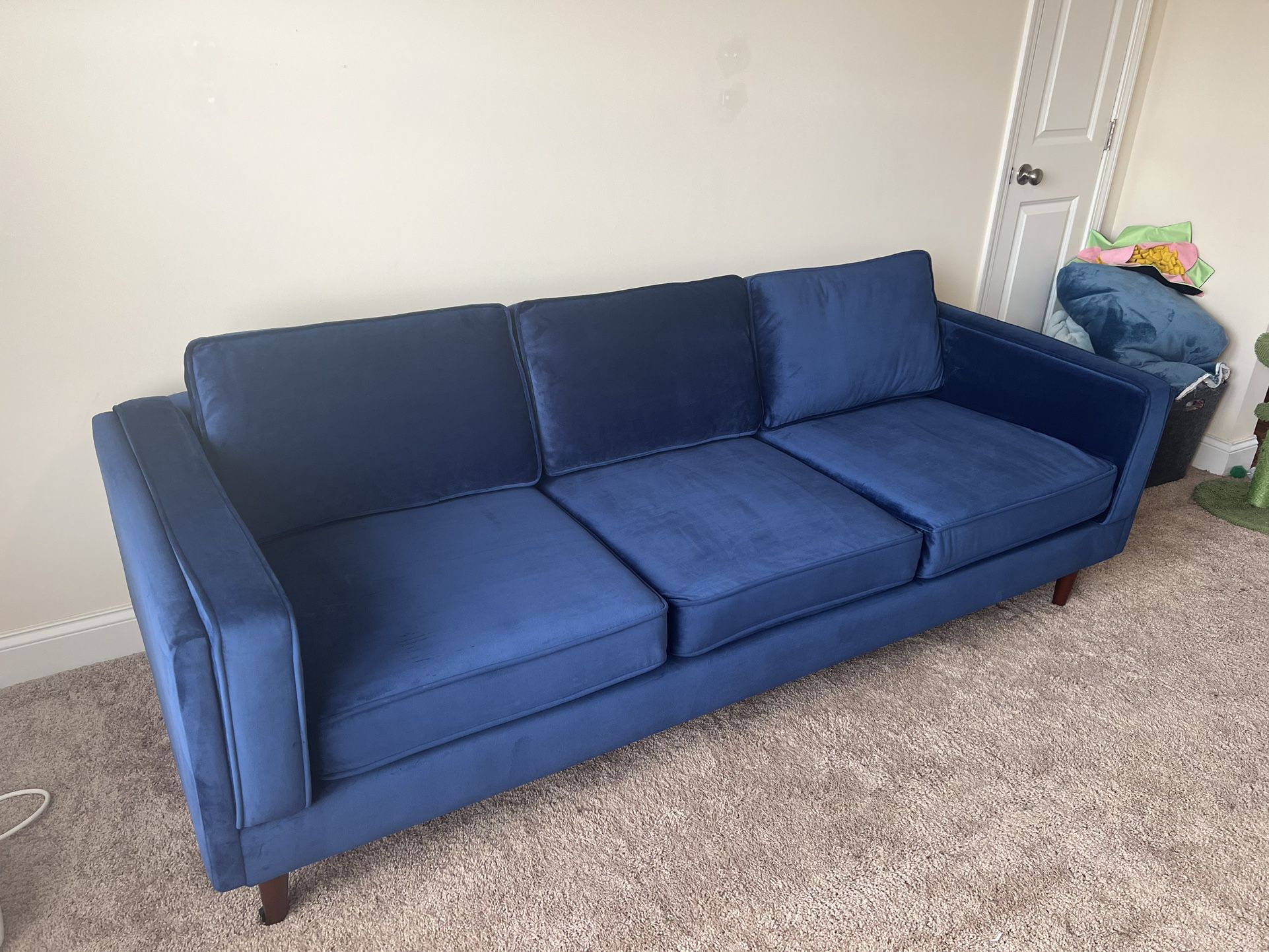 High Quality Mid Century Modern 7’ Velvet Couch, Blue