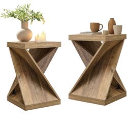 OKD Modern Nightstand Set of 2, Twisted Side Table with Wood Thickened Pedestal, 16" Square Rustic End Table, Farmhouse Bedside Table for Bedroom, Liv