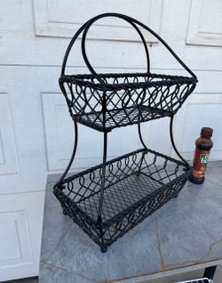 2-Tier Black Metal Wire Basket Stand