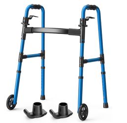Loyoda Folding Walker with 2 Skis and 5" Wheels, Lightweight Walkers for Seniors and Adults, Supports Up to 350 Pounds, Adjustable Height, Compact Sta