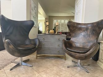 Pair of Mid-Century Modern Style Egg Chair- Distressed leather