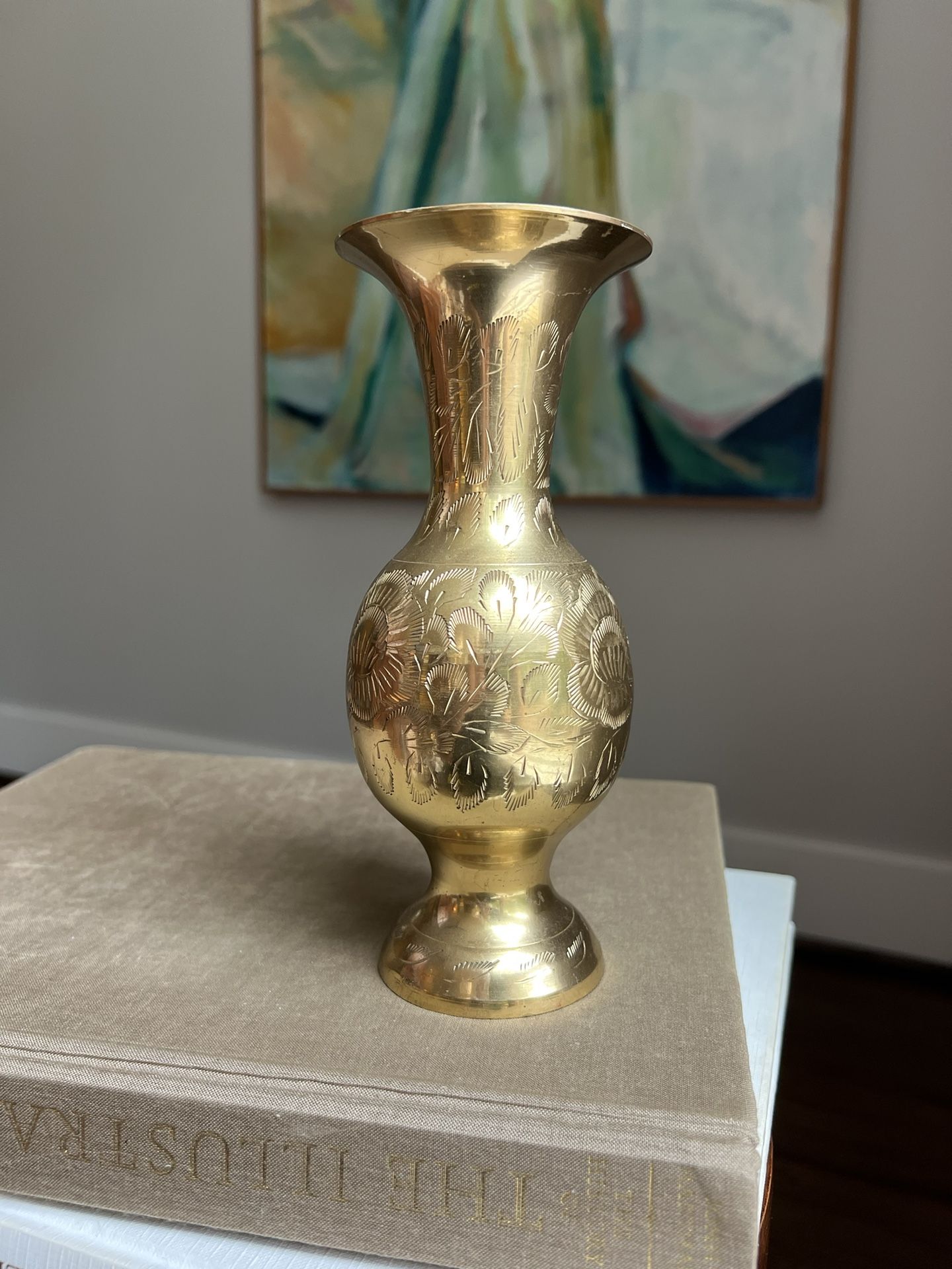 Small Vintage Brass Etched Vase ( firm on price )