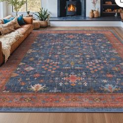 Washable Navy Blue Living Room Rug, 8x10 Area Rug For Bedroom, Dining Room Rugs for Under Table - Low Pile Non-Slip Rubber Backing Stain Resistant Rug