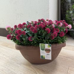 Artificial Pink and Red Flowers in Hanging Plastic Basket UV-resistant for Outdoor Decor 12 In.
