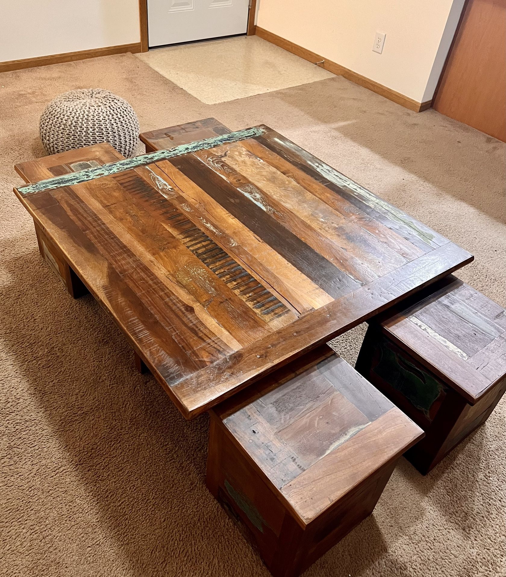 Wooden Table With Turquoise Patina, 4 Matching Seats