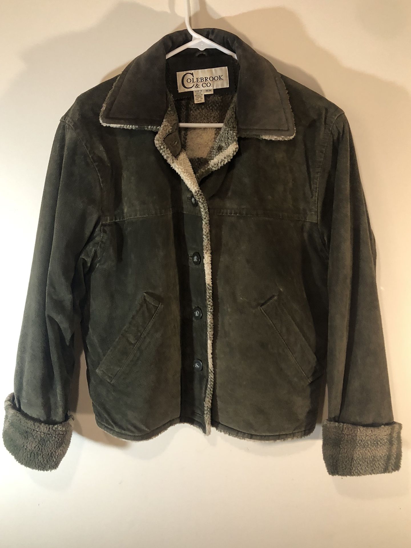 Colebrook & Co Olive Green Leather Suede/Sherpa Plaid Lined Jacket
