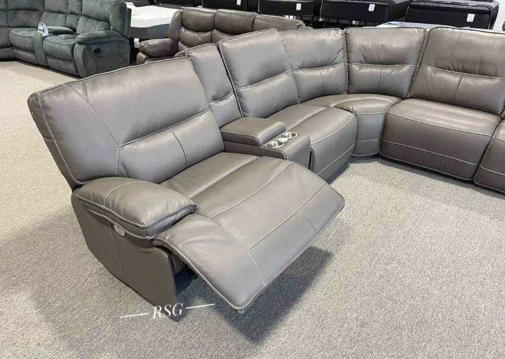 Gray Leather Power Reclining Sectional Sofa With Central Console 💛No Needed Credit Check 💛 $39 Down Payment with Financing