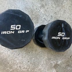 Pair Of 50 Lb Iron Grip Urethane Dumbbells