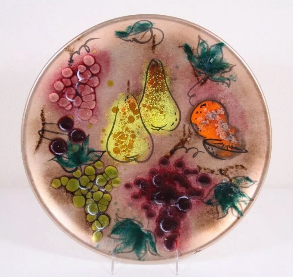 California Cloisonné Landau Designs Mid C Enamel Fruit 14” Copper Harvest Tray