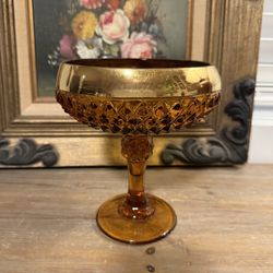 Vintage Indiana Glass Diamond Point Amber Compote Gold Band | MCM | Vintage Home Decor | Candy Dish