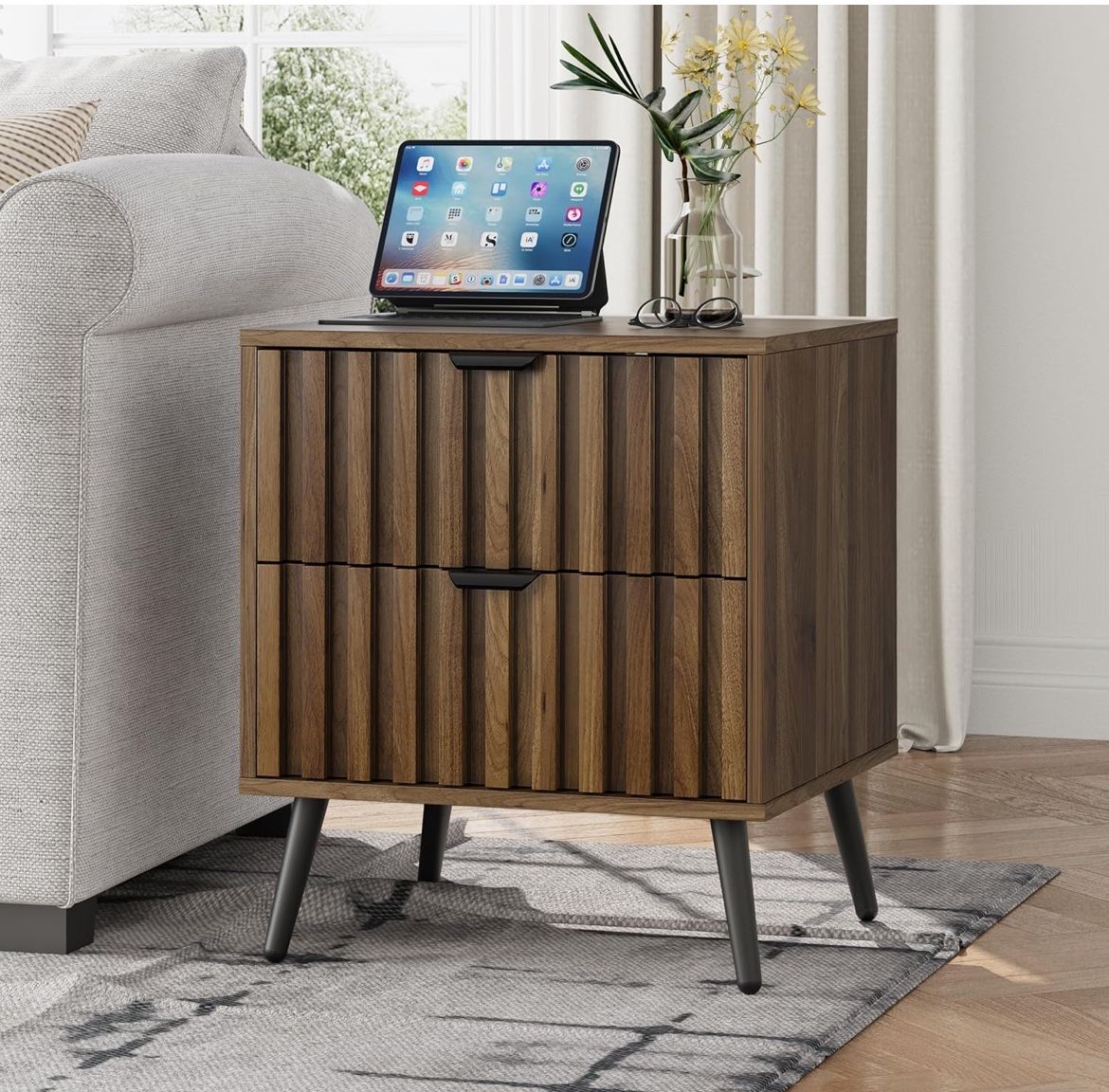 Mid Century Nightstand with 2 Fluted Drawers
