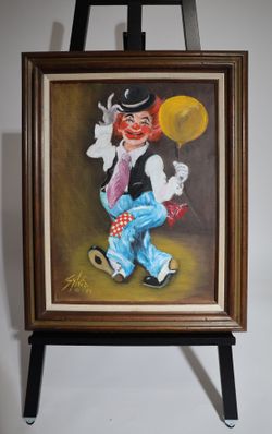Vintage Sylvia Wrisse Original Clown Oil Painting on Canvas - Large 25x31 Frame