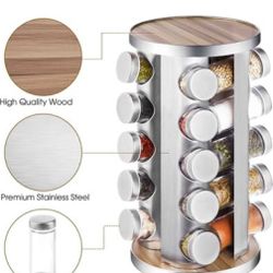 Rotating Stainless Steel & Wood Spice Rack –20 Jars