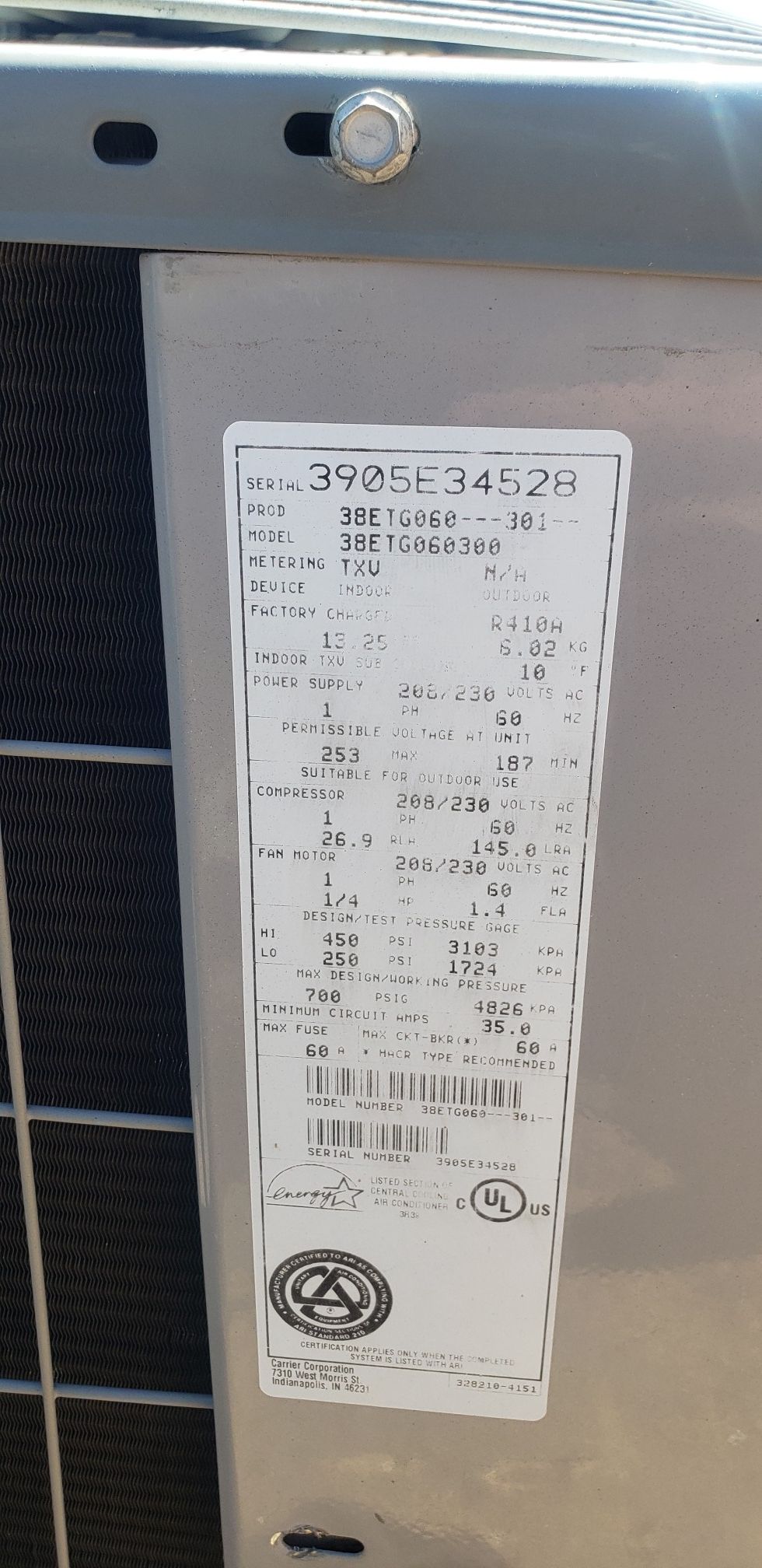 5 ton carrier ac only 410 condenser works great