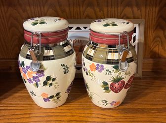 Vintage Oneida Strawberry Plaid Hand Painted Ceramic Canister Jars with Latch Lids, Set of 2