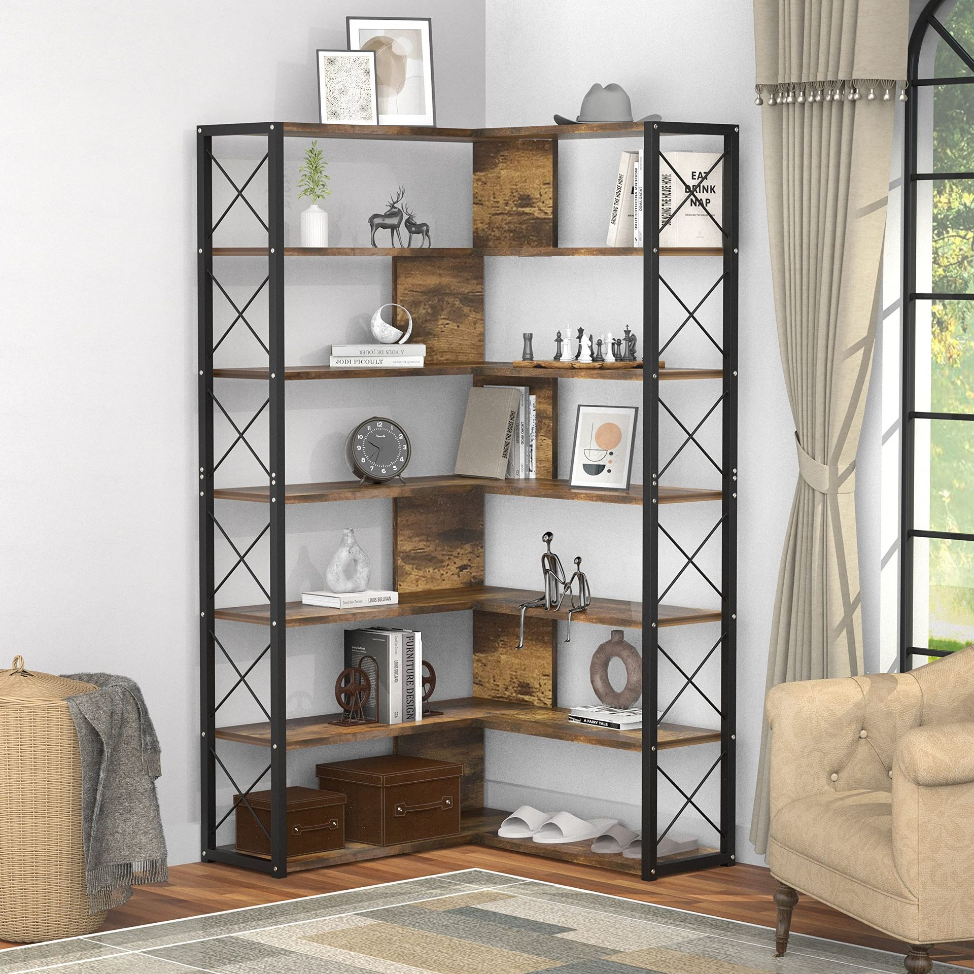 Corner shelf, 6tier shelf, farm bookcase, classic L-shaped shelf, rustic coffee