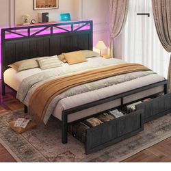 King Size Bed Frame with 2 Storage and LED Lights